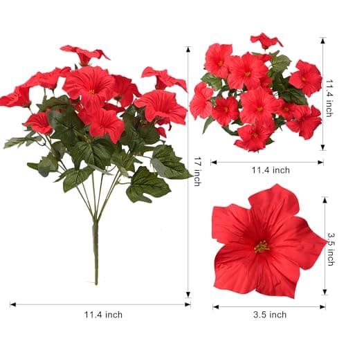 Vemander Artificial Fake Flowers Plants for Outdoor Decoration, 4PCS Faux Petunias Silk Flower UV Resistant No Fade for Home Outside Garden Balcony Yard Porch Realistic Indoor Decor (Red) - Thumbnail 3