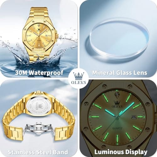 OLEVS Gold Watches for Men Luxury Business Quartz Men Wrist Watch Waterproof Stylish Classic Large Dial Watch for Men with Date Window Elegant for Evening Banquets Ideal Birthday Gift for Friend - Thumbnail 5