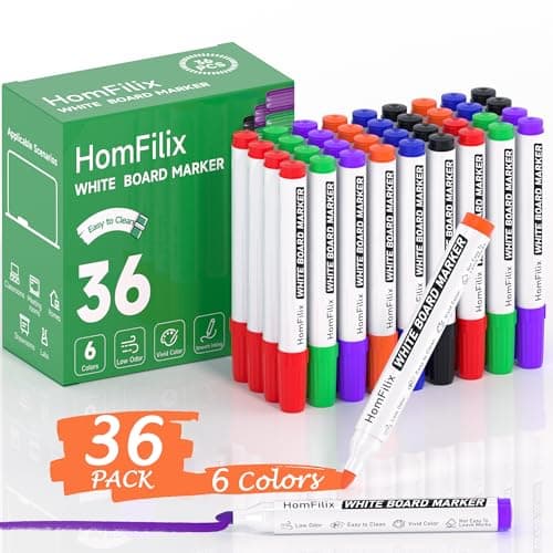 HomFilix White Board Markers Dry Erase 36 Pack, 6 Assorted Colors (Red/Blue/Black/Green/Orange/Purple) with 2 mm Bold Bullet Tip, Plant-Based Low-Odor Ink | Bulk Dry Erase Marker Set for Office Use - Image 1