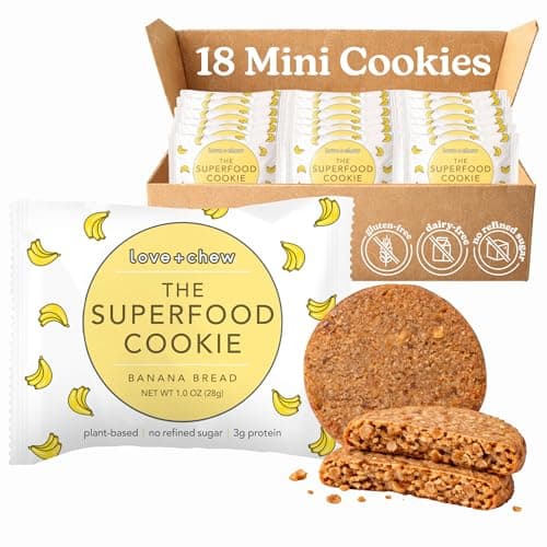Love + Chew Mini Vegan Cookies, Gluten Free, 3g Plant Based Protein Per Cookie, Healthy Snacks for Adults and Kids, Refined Sugar Free, Individually Wrapped Cookies, Banana Bread, 18 Pack - Image 1