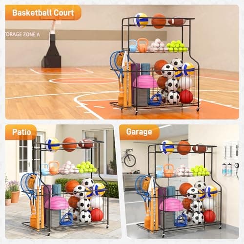 Sports Equipment Organizer -Heavy Duty Rolling Garage Storage Rack & Ball Holder, Large Capacity Cart for Outdoor Toy Storage & Garage Storage - Thumbnail 6