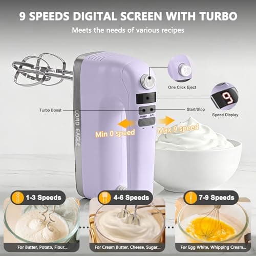 Lord Eagle 9-Speed Digital Hand Mixer Electric Handheld, 500W DC Motor - Thumbnail 2