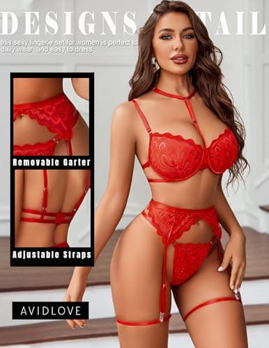 Avidlove Lingerie For Women Sexy Bra And Panty Sets With Garter Belt 3 Piece Underwire Lingeries Set Babydoll Bodysuit Red - Thumbnail 2