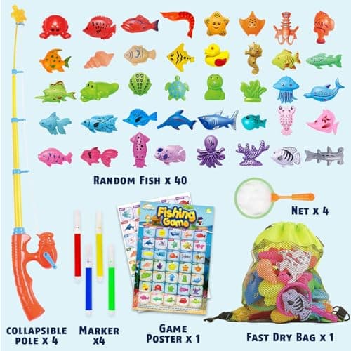 CozyBomB™ Magnetic Fishing Toys Game Set for Kids | Water Table Bathtub Kiddie Pool Party Pole Rod Net, Outdoor Plastic Floating Fish, Toddler Bath Color Ocean Sea Animals Birthday Gift Age 3-5 6 4-8 - Thumbnail 2