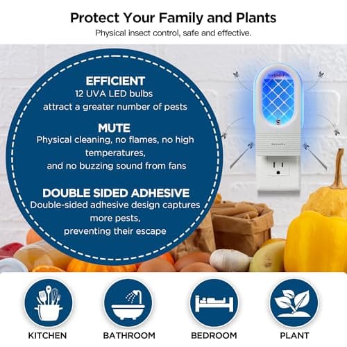 Indoor Fruit Fly & Gnat Traps Plug-in - UV/Blue Light Insect Trap with 2 Devices+6 Refills, Safe & Odorless Flying Insect Catcher for House/Kitchen/Office - Get Rid of Mosquitoes, Moths, Gnats - Thumbnail 5