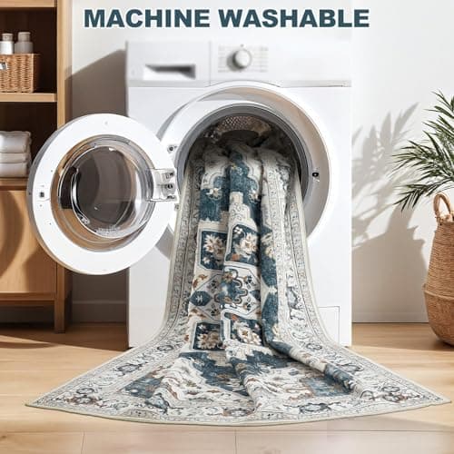 Micgeek 8x10 Washable Area Rug: Vintage Neutral Soft Non Slip Thin Large Floor Carpet for Living Room Bedroom Kitchen Dining Room Home Office Farmhouse Indoor - Blue - Thumbnail 3