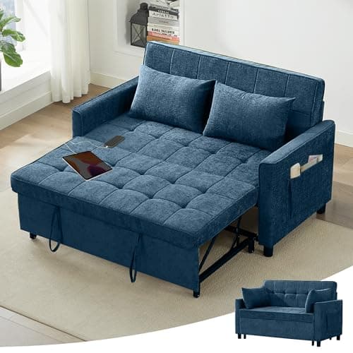 Tbfit 57" Love Seat Sleeper Bed, Convertible Pull Out Couch Bed, Chenille Loveseat Sofa Bed with USB & Adjustable Backrest, Full Size Pull Out Couches for Living Room, Apartment, Office, Dorm, Blue - Image 1