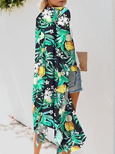Women's Boho Long Kimono Cardigan Dusters Summer Lightweight Chiffon Beach Swimsuit Swimwear Bathing Suit Cover Ups Plus Size Resort Wear Hawaiian Tropical Pineapple Leaf Print Green Black Small - Thumbnail 2