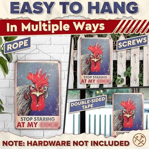 Chicken Coop Sign 8 x 12 Inches – Stop Staring at My Sign, Rooster Decor – Lightweight Durable Tin Metal, Fade-Resistant, Easy to Install, Indoor and Outdoor Use | Chicken Coop Accessories & Gifts - Thumbnail 5