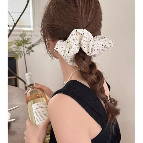 Jseng 2PCS Large Scrunchies for Hair, Polka Dot Hair Ties, Beige and Black - Thumbnail 5