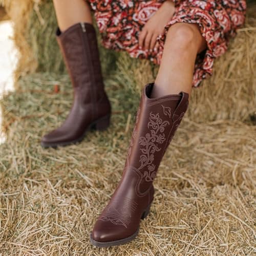 Vepose Brown Cowboy Boots for Women Embroided Cowgirl Boots 9803 Western Mid-Calf Pull on Pointed Toe Shoes for Ladies with Inside Zipper Size 9.5 (CJY9803 Whisky 09.5) - Thumbnail 3