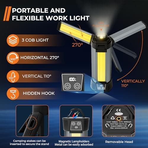 Geisofu Rechargeable Work Light with Stand, Outdoor LED Cordless Camping Light with Portable Telescopic Bracket, 3.7 Ft Tall 6AH Battery, 2000 Lumen Construction Lights with Carrying Bag Grey Small - Thumbnail 2