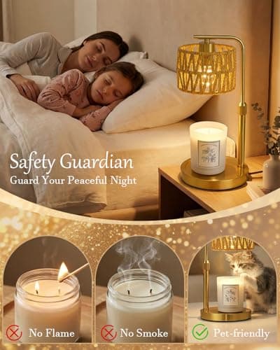 Candle Warmer Lamp with Timer, Dimmable Candle Warmer for Jar Candles, Height Adjustable Candle Lamp Warmer, Boho Rattan Lampshade and 2 Bulbs, Gift for Home Room Decor, Gifts for Women Mom (Gold) - Thumbnail 2