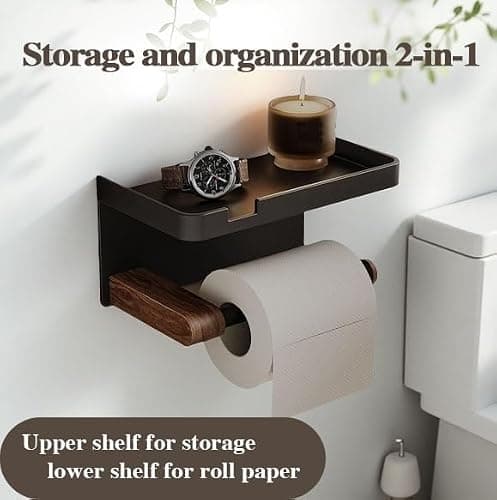 Bathroom Black Toilet Paper with Tissue Box Holder - Wall Mount Wooden Extension Rod with Widening Groove Bracket Aluminum Alloy Groove Rack for Paper Towel Holder and Wipes - Thumbnail 5