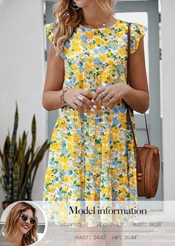KIRUNDO Women's Casual Summer Dresses 2026 Ruffle Sleeveless Boho Floral Mini Beach Party Hawaiian Round Neck Loose Short Flowy Pleated Babydoll Dress, Floral3-white Yellow, Medium - Thumbnail 4
