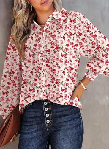 Dokotoo Womens Tops Oversized Cute Tops for Women 2026 Trendy Dressy Casual Fall Long Sleeve Shirts V Neck Button Down Ladies Tops and Blouses Allover Floral Flowy Work Business Top Red XX-Large - Thumbnail 2