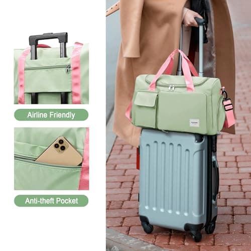WOOMADA Foldable Travel Duffel Bag for Women, Weekender Bags with Shoes Compartment,Overnight Bag with Wet Pocket & Trolley Sleeve(Green&Pink) - Thumbnail 6