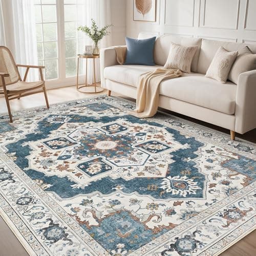 Micgeek 8x10 Washable Area Rug: Vintage Neutral Soft Non Slip Thin Large Floor Carpet for Living Room Bedroom Kitchen Dining Room Home Office Farmhouse Indoor - Blue - Image 1