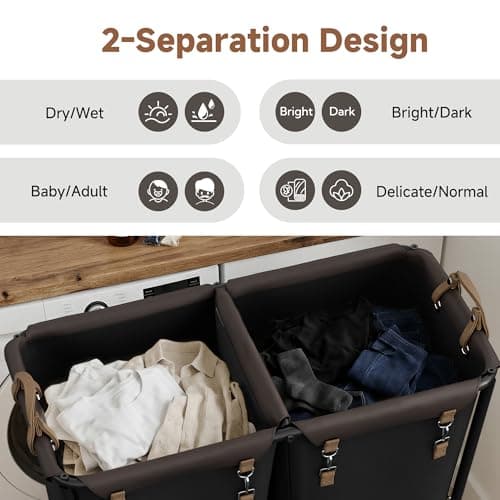 StorageWorks 390L Extra Large Laundry Hamper with Wheels, Laundry Basket with Wheels 2 Sections, Clothes Sorter Cart with Divider for Hotel, Home, Black, 1-Pack - Thumbnail 5