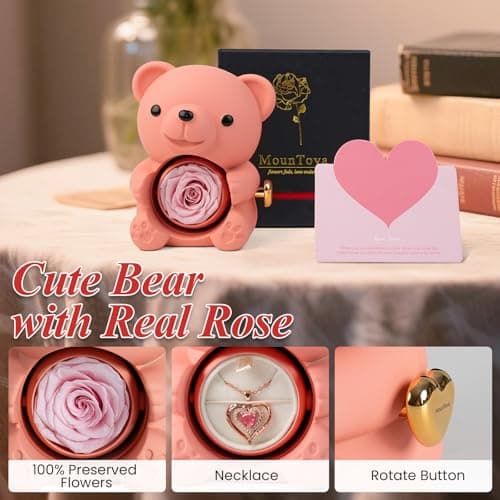 mountova Romantic Teddy Bear with Preserved Rose, Real Rose in Elegant Gift Box with Necklace for Women, Bear Roses Gifts for Mother's Day,Weddings,Valentine's Day,Anniversary,Birthday, Pink - Thumbnail 3