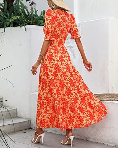 BTFBM Women Casual Summer Dresses 2026 Spring Crew Neck Ruffle Short Sleeve Smocked Floral Boho Flowy Maxi Dress Clothes(Big Floral Orange, Small) - Thumbnail 4