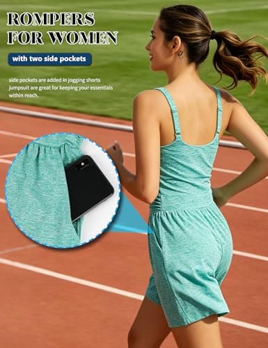 SLIMBELLE Built In Bra Athletic Rompers For Women Summer Square Neck Adjustable Strap Pleated Waist Pockets Short Jumpsuit One Piece Outfits GREEN XL - Thumbnail 4