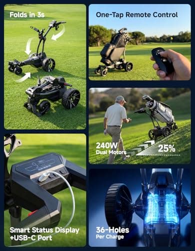 KEMIMOTO ApexR Electric Golf Cart with Power Assist Mode, 492FT Remote Control, Dual 240W Motor 36 Hole Battery, IPX5 Water Resistant Compact Folding Golf Caddy w/ USB-C, Drink & Umbrella Holder - Thumbnail 6