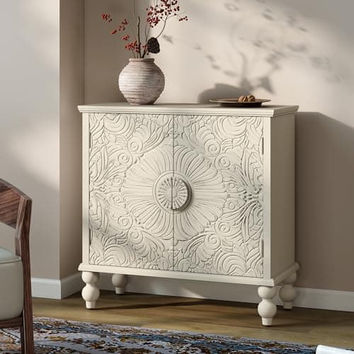Furnivado Buffet Cabinet with Storage, Accent Cabinet with 2 Carved Doors, Solid Wood Sideboard with Adjustable Shelf, Vintage Cabinets for Kitchen, Living Room, Entryway, Beige - Thumbnail 6