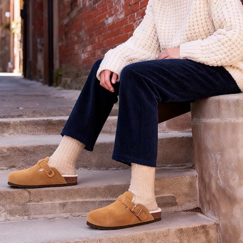 KIDMI Women's Fur Lined Suede Clogs Fuzzy Cork Footbed Mules Slip On Winter Potato Shoes, Brown 45 (Size 13) - Thumbnail 2
