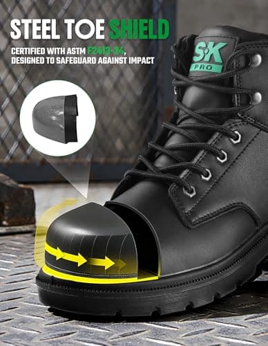 SKPRO Steel Toe Work Boots for Men, Lightweight Non Slip Boots, Safety Toe Construction Leather Water-Resistant Shoes (Black, 9) - Thumbnail 3