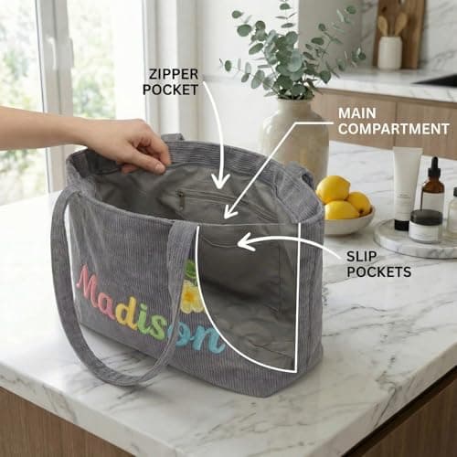 Personalized corduroy handbag, casual shoulder bag with custom name/letter patterns. Durable cotton travel bag, ideal gift for bridesmaids, teachers, and for Christmas, birthdays or honeymoons. - Thumbnail 6