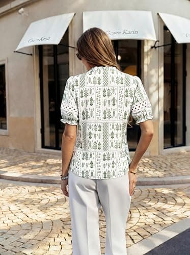 GRACE KARIN Women Boho Floral Tops, Summer Short Eyelet Sleeve Dressy Casual Shirts, Spring Button Down Blouse 2026 Trendy Light Green XX-Large - Thumbnail 2