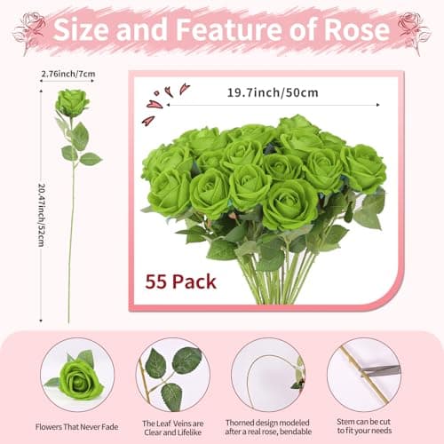 50 PCS Green Roses Artificial Flowers,Fake Green Roses Bouquet,Greens Artificial Silk Rose with Stems for DIY Wedding Flowers Decoration, Valentines Day, Bridal Bouquet Rose,Wedding Decoration - Thumbnail 2