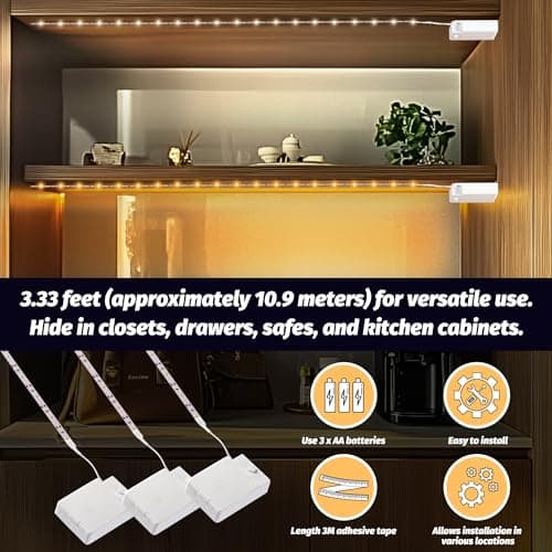Noevany Battery Powered Under Cabinet Lighting, Wireless LED Strip Lights for Kitchen Under Cabinet Shelves Under Counter Closet Cordless Click Light (Warm White, 3 Pack) - Thumbnail 2