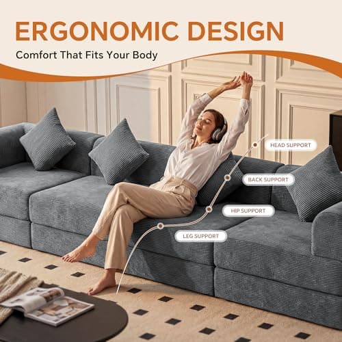 ceamorfco 112 Inch Modular Cloud Couch Sectional with 4 Pillows, Corduroy 4-Seat Convertible Sofa Bed for Living Room, Deep Seat Floor Sofa, High-Density Foam Modular Sectional Sofa, Grey - Thumbnail 4