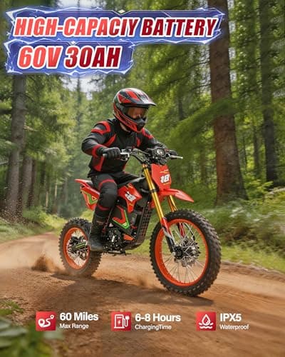 HAPPYRUN F18 6000W Peak Electric Dirt Bike 46 mph Max Speed Off-Road Motorcycle 60V 30AH Removable Battery 60 Miles Range Dual Hydraulic Brakes Adult E Moto for Trail Riding - Thumbnail 3