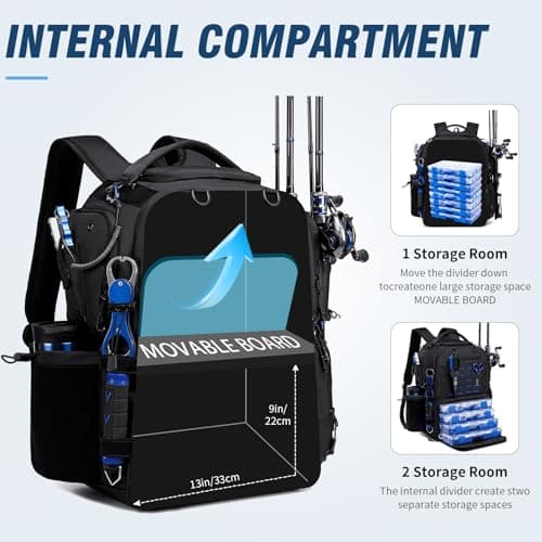oinitiry Fishing Tackle Backpack with 2 Rod Holders, Multi-Pocket Tactical Bag with Bottle Holder, 50L Large Storage Bag for Fishing Gear and Equipment, Black - Thumbnail 3