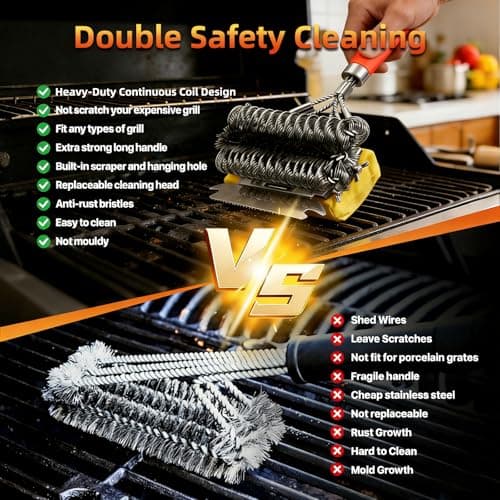 YEBLEM 3-in-1 Grill Brush and Scraper with 2 Sponges, 18" Heavy Duty Stainless Steel Bristle BBQ Cleaner, Heat Resistant Barbecue Grilling Tool, Ideal Outdoor Gift for Men & Dad (Orange) - Thumbnail 5