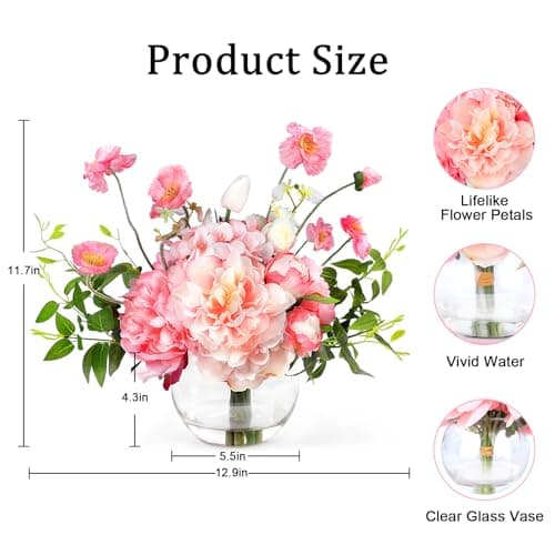 AMORISE Peonies Artificial Flowers in Vase, Pink Flowers Artificial with Faux Water, Silk Peonies Artificial Flowers Arrangements Indoor Realistic Fake Flowers for Table Wedding Party Home Decor - Thumbnail 3