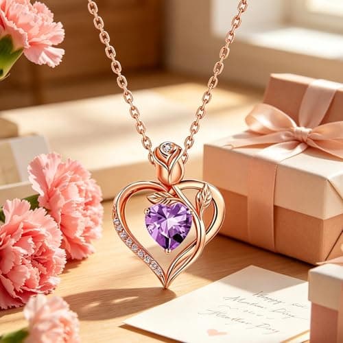 JACUPO Heart Birthstone Rose Gold Necklace for Women(Rose Gold-02-Amethyst) - Thumbnail 5