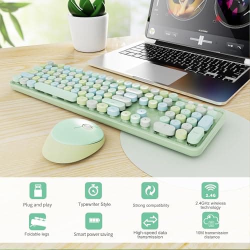 Wireless Keyboard and Mouse Combo, Ergonomic Full Size Typewriter Retro Round Keycaps Keyboard, Compatible with Windows, PC, Perfer for Home and Office Keyboards (Green - Thumbnail 3