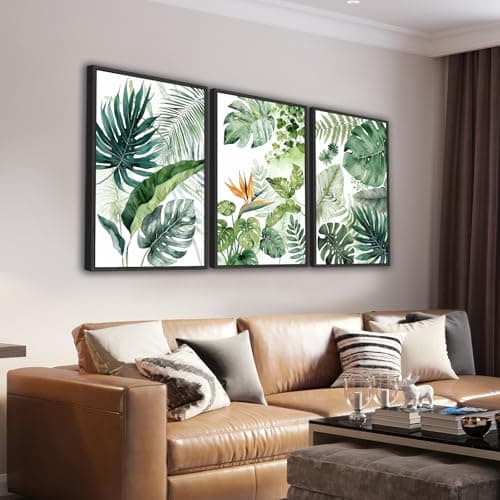 Large Framed Botanical Wall Art Canvas Prints Set of 3, Tropical Plants Pictures Foliage Bird of Paradise Art, Green Leaf Bohemian Painting Artwork for Living Room Bedroom Office Decor 24"x36"x3 - Image 1