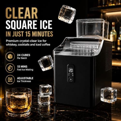 ELECVIVA Clear Square Ice Maker Countertop 22Lbs/Day, Crystal Ice Cubes - Thumbnail 2