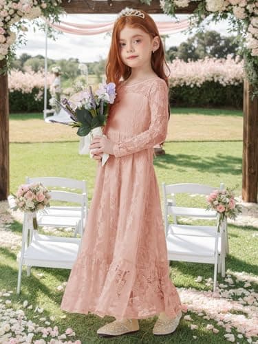 ALLOVIN Toddler & Girls Long Sleeve Lace Flower Girl Dress Maxi Boho A-Line Dress for Wedding Baptism 1st Communion | Dusty Pink | 4-5Y - Thumbnail 4