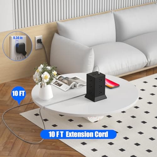 Power Strip Tower with Multiple Outlets, 10 Ft Extension Cord Flat Plug with 12 AC Outlets 4 USB Ports (2 USB C), Power Tower Surge Protector with Individual Switches for Home Office Dorm Room, Black - Thumbnail 3