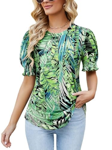 Ezcosplay Womens Hawaiian Shirt Puff Short Sleeve Tropical Print Outfits Casual Pleated Tops Summer Floral T-Shirt Green - Image 1