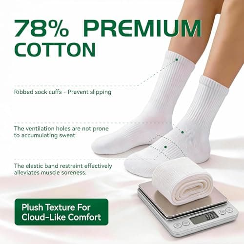 Ycets Men's Crew Socks, White Mens Crew Socks,Cushioned Cotton Athletic Arch Support Moisture Wicking,1-Pairs Premium Trial Pack - Thumbnail 4