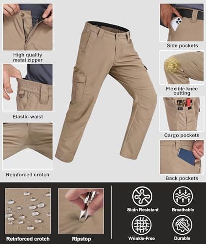 Zoofly Cargo Work Pants for Men Stretch with Pockets Mens Tactical Pants Mechanic Work Pants for Men Water Resistant Khaki 42W*34L - Thumbnail 6