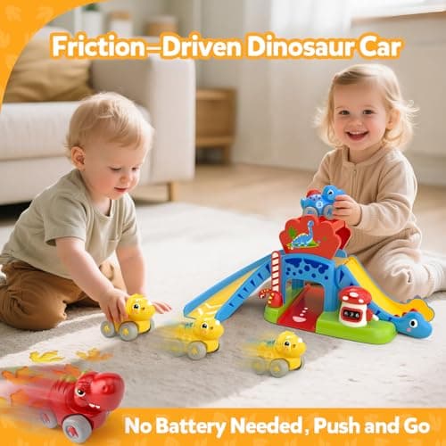 Toddler Toys for 1 2 Year Old Boy Gifts - Educational Dinosaur Slide Set with 4 Color/Number Push Cars and Playmat, Montessori Learning Toy for Baby 12-18 Months, 1st Birthday Present Ages 1-2, Red - Thumbnail 5