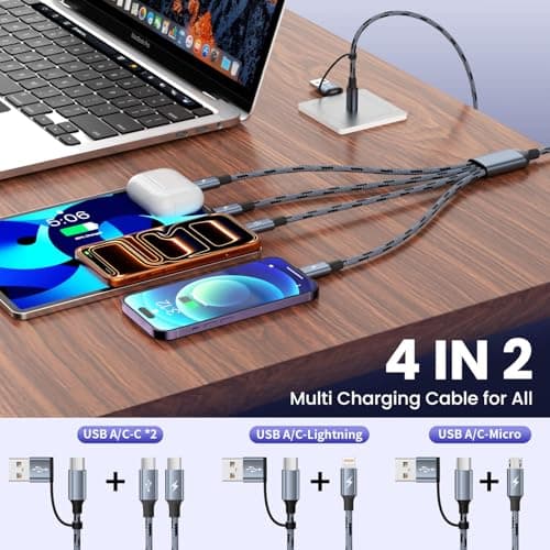 Fristing 4 in 2 Multi Charger Cable, USB A/C Charging Cables for Multiple Devices with Dual Type-C/IP/Micro, Universal Phone Multiple Charger Cord with iPhone17-8/Android/Car (2Packs 5FT) - Thumbnail 2